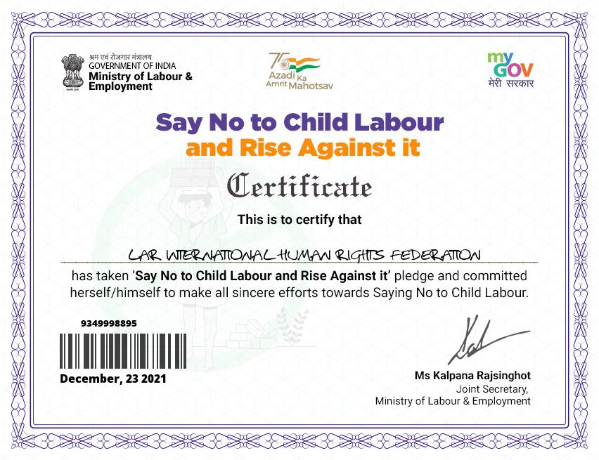 Say No to Child Labour Certificate